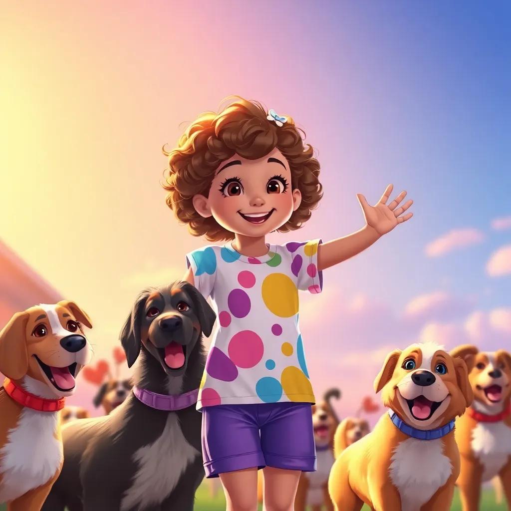 Lila, a young girl with curly brown hair, wearing a colorful t-shirt and shorts, waving goodbye to adopted dogs in a joyful farewell scene, bright sunset lighting, future full of hope