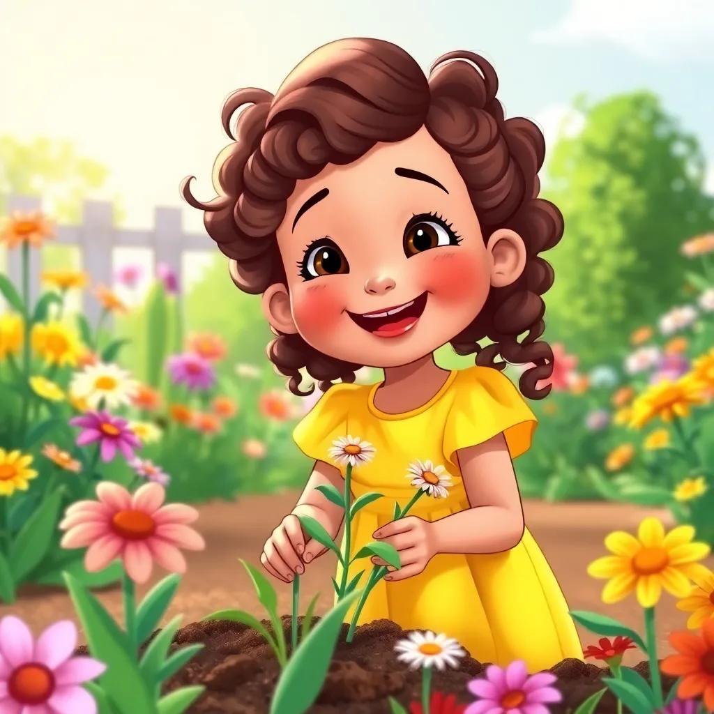 Lila, a bubbly little girl with curly brown hair in a bright yellow dress, planting flowers with Mrs. Green in a sunny garden, surrounded by colorful flowers, joyful expressions, illustration, lively, engaging scene, child-friendly