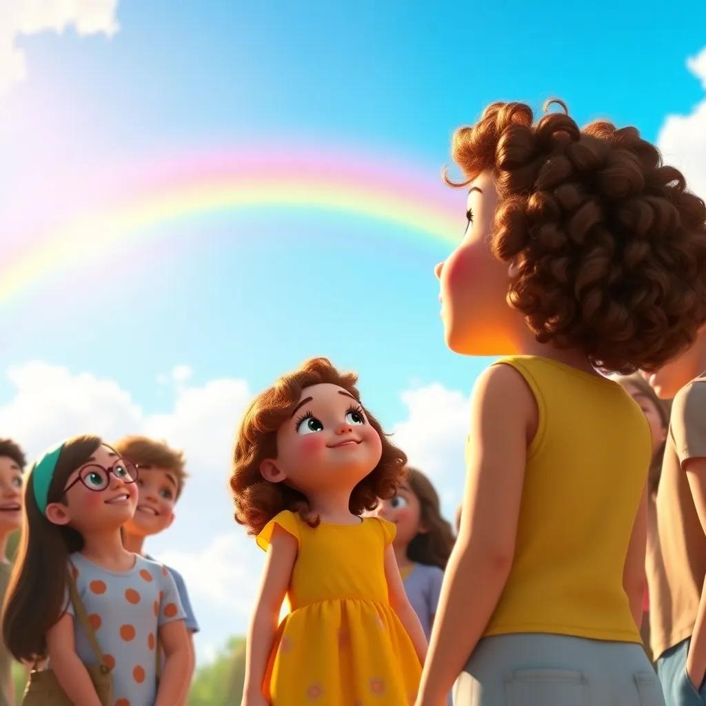 Lila, a small girl with curly brown hair in a bright yellow dress, looking up at a real rainbow in the sky, surrounded by her friends who are laughing and admiring her artwork, bright sunlight, warm colors, engaging scene, high quality