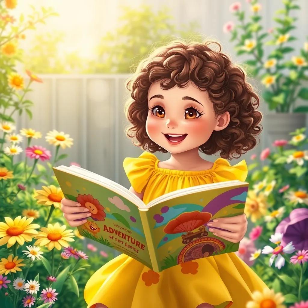 Lila, a young girl with curly brown hair, wearing a bright yellow dress, excitedly opening a big colorful adventure book in her backyard, surrounded by flowers and sunshine, illustration, cheerful, inviting, child-friendly, high quality