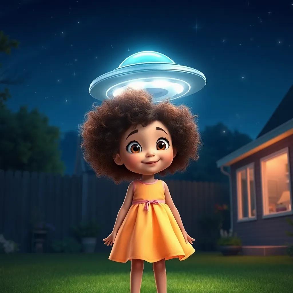 A five-year-old girl, Lila, with curly hair wearing a bright dress, standing in her backyard at night with a shiny UFO landing, stars twinkling above, digital art, colorful, inviting atmosphere, high quality