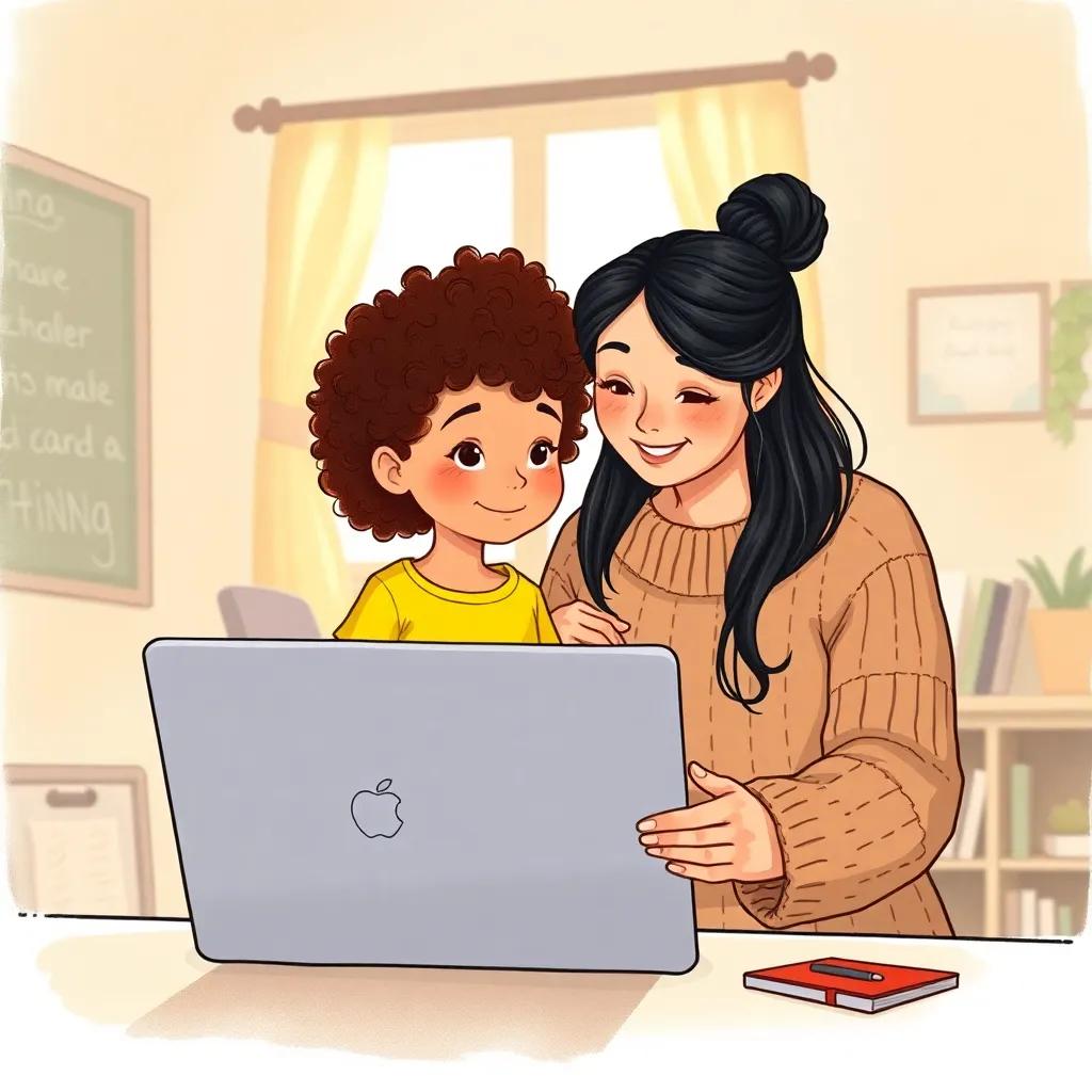 Lila, a young girl with curly brown hair in a bright yellow shirt, standing beside her mother, who has long black hair tied in a bun, wearing a cozy sweater, looking at the laptop together, warm light filling the room, teaching environment, friendly and supportive, warm colors, heartwarming scene