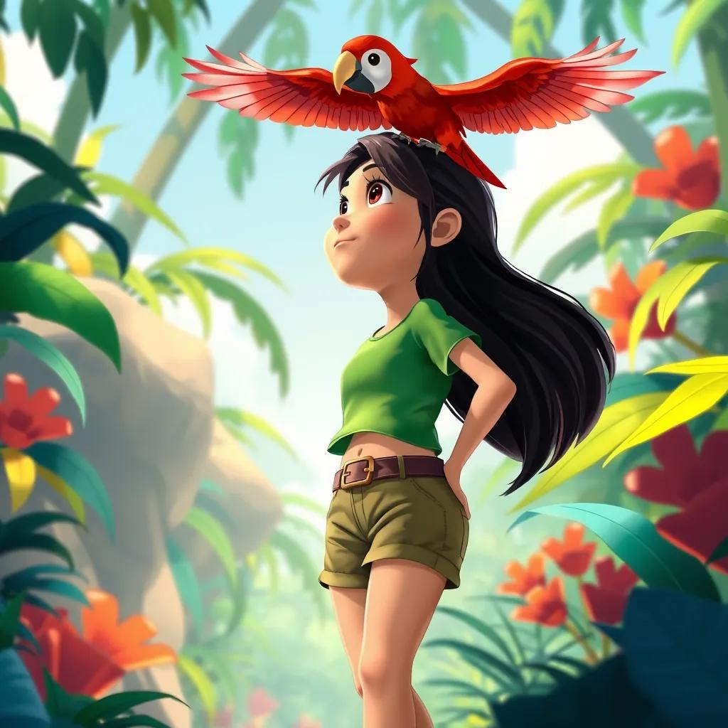Lila, a brave girl, with long dark hair wearing a green t-shirt and shorts, looking up at a bright red parrot flying above her, surrounded by vibrant jungle scenery, animated style, friendly atmosphere, lush colors, bright tones, illustration, child-friendly