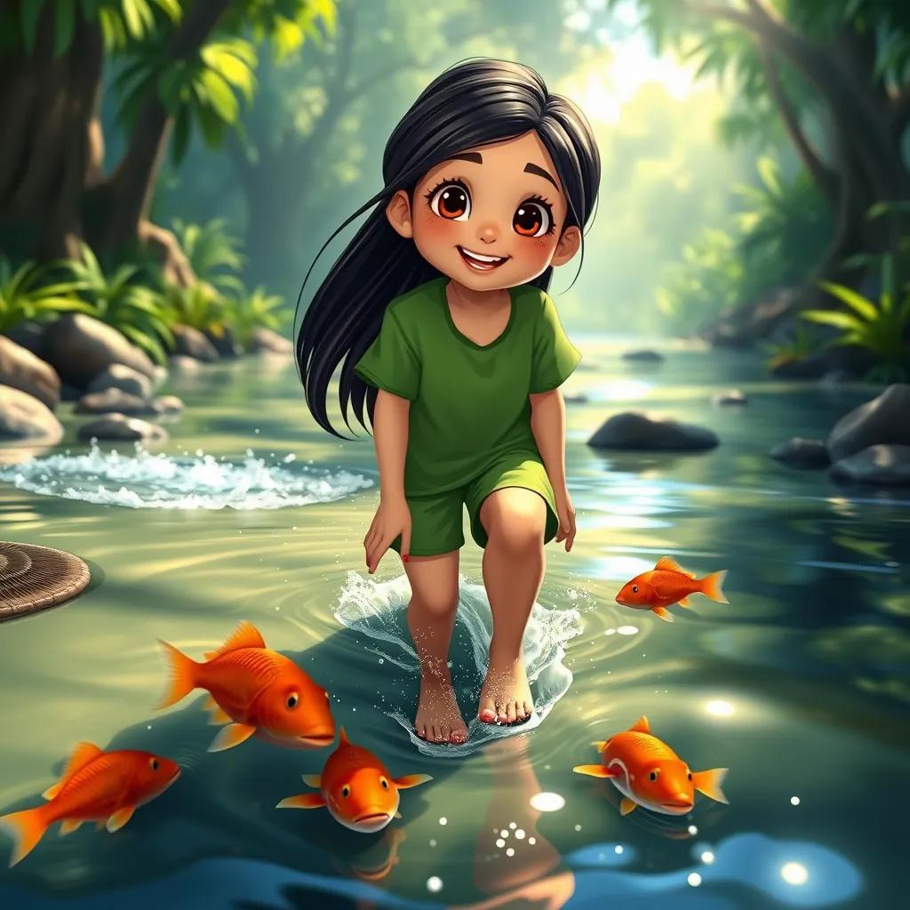 Lila, a brave girl with long dark hair wearing a green t-shirt and shorts, dipping her toes into a sparkling stream with fish swimming around her feet, jungle background with trees and sunlight filtering through, cheerful mood, bright reflections, detailed illustration, inviting