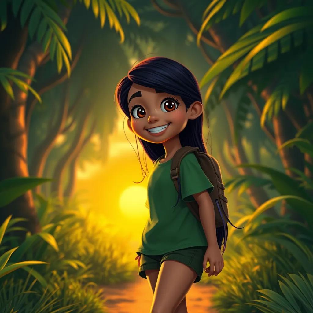 Lila, a brave girl with long dark hair in a green t-shirt and shorts, walking back home with a big smile on her face, sunset illuminating the path in the jungle, warm tones, peaceful atmosphere, happy expression, detailed digital art, inviting