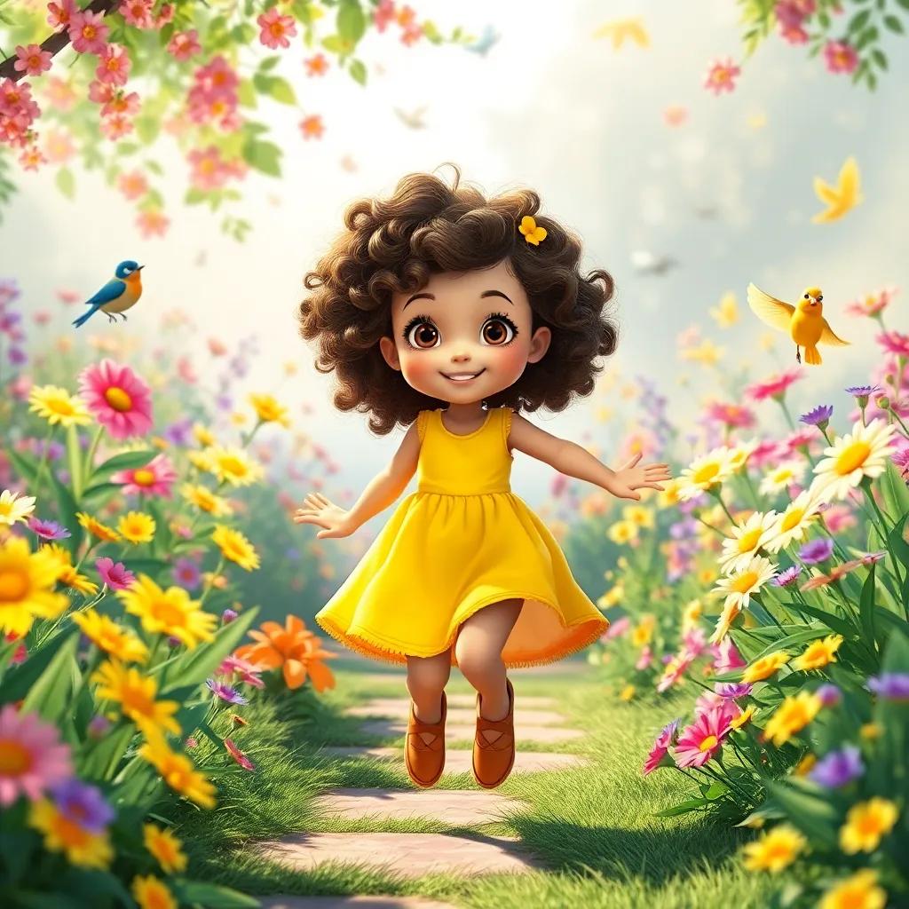 A young girl, Lila, with curly brown hair, wearing a bright yellow dress, skipping through a garden filled with vibrant flowers and singing birds, digital art, colorful and cheerful, bright sunlight, enchanting atmosphere, high quality