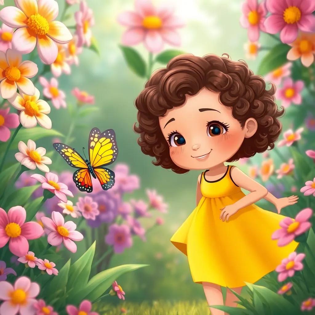 Lila, a young girl with curly brown hair, wearing a bright yellow dress, following a colorful butterfly through the garden, surrounded by blooming flowers and lush greenery, illustration, whimsical and joyful, vibrant colors, child-friendly