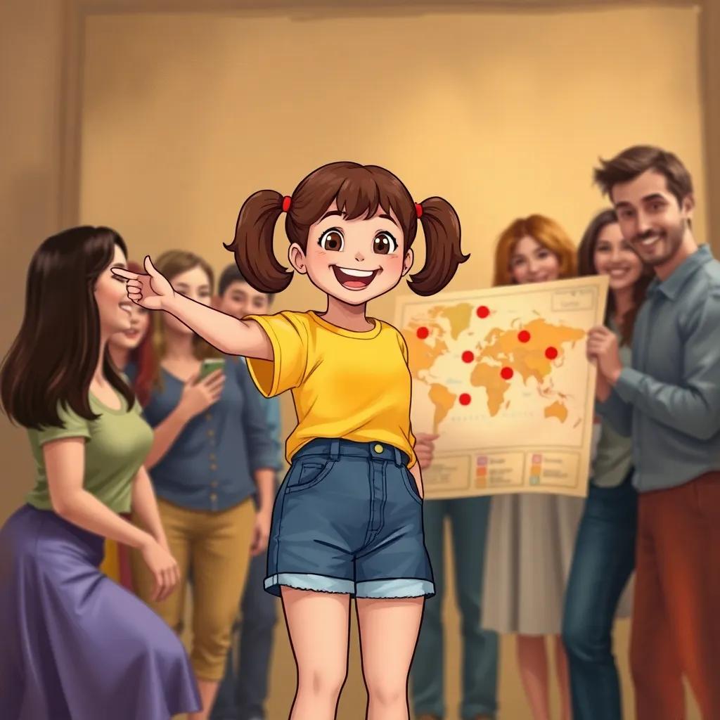 Lila, a cheerful girl with brown hair in pigtails, wearing a yellow t-shirt and denim shorts, pointing to a map with red circles, surrounded by her family who are excited, digital art, warm colors, planning vibe