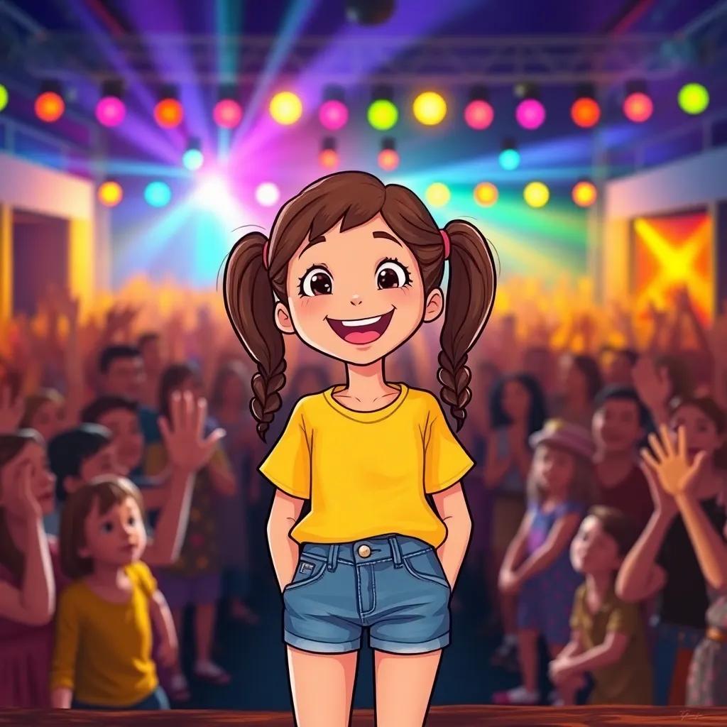 Lila, a cheerful girl with brown hair in pigtails, wearing a yellow t-shirt and denim shorts, standing on a stage in front of a cheering crowd, colorful lights shining, joyful expression, illustration, bright and lively