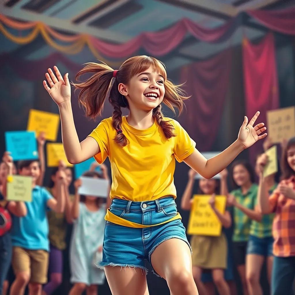 Lila, a cheerful girl with brown hair in pigtails, wearing a yellow t-shirt and denim shorts, dancing and laughing on stage with fans holding signs, fun atmosphere, colorful and dynamic