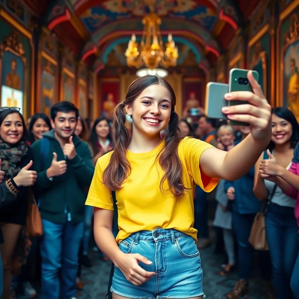 Lila, a cheerful girl with brown hair in pigtails, wearing a yellow t-shirt and denim shorts, holding her phone for selfies with fans who are smiling and giving thumbs up, cheerful and colorful scene, inviting ambiance