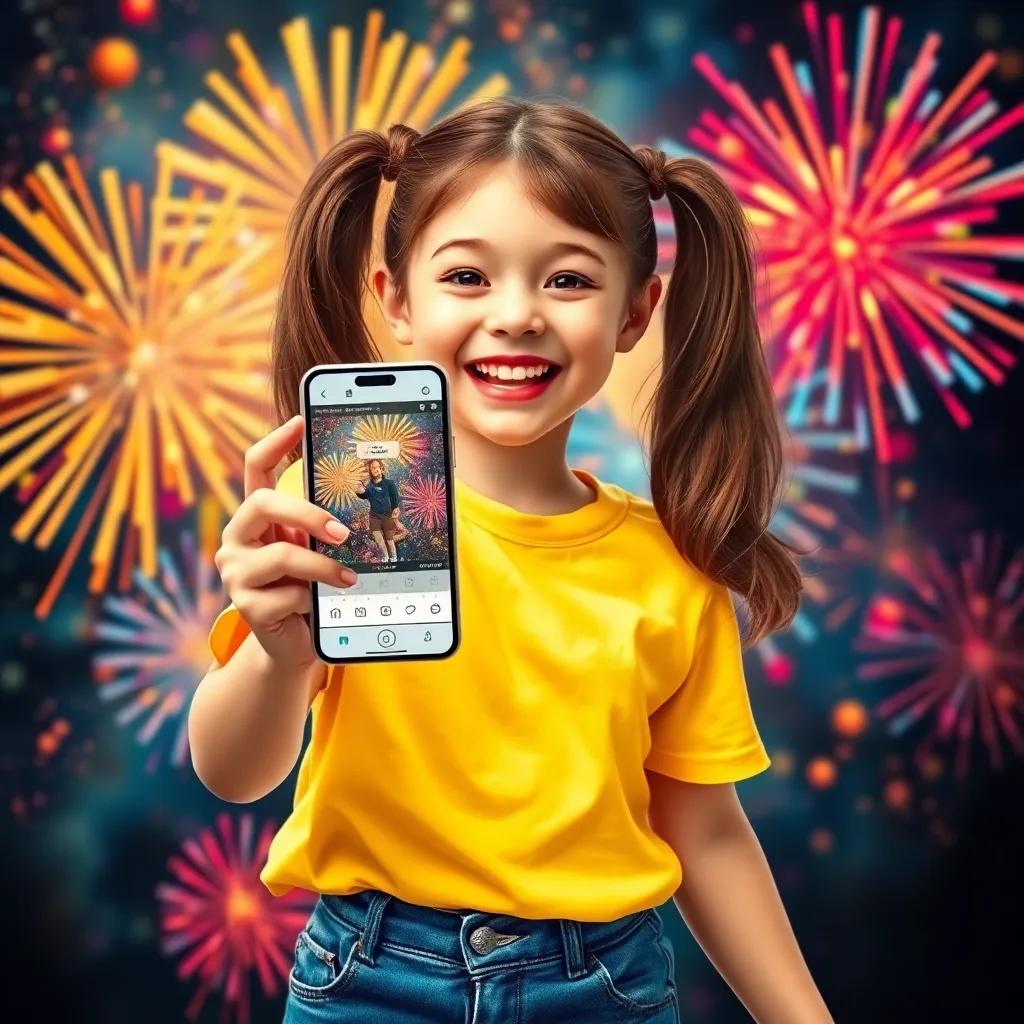 Lila, a cheerful girl with brown hair in pigtails, wearing a yellow t-shirt and denim shorts, showing her phone with millions of views, smiling widely and celebrating, colorful fireworks around, joyful