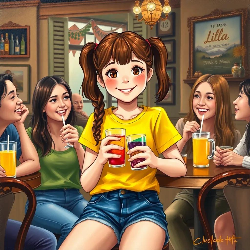 Lila, a cheerful girl with brown hair in pigtails, wearing a yellow t-shirt and denim shorts, at a cozy café, sipping a colorful juice with her friends, laughing together, heartwarming