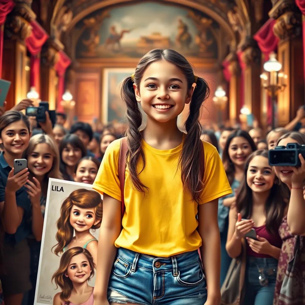 Lila, a cheerful girl with brown hair in pigtails, wearing a yellow t-shirt and denim shorts, holding a poster with her face on it, surrounded by fans, happy expressions, vibrant atmosphere