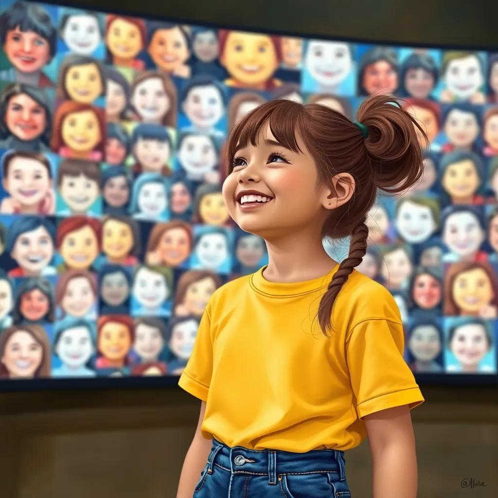 Lila, a cheerful girl with brown hair in pigtails, wearing a yellow t-shirt and denim shorts, looking at a video screen full of smiling faces, feeling grateful and joyful, digital art, glowing and delightful