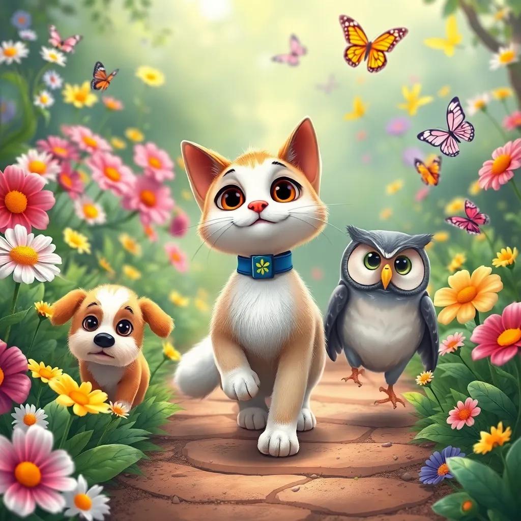 Lili the cat, with her bink collar, leading a playful puppy and a wise owl through a vibrant garden, surrounded by blooming flowers and fluttering butterflies, detailed illustration, colorful scene, playful mood, high quality
