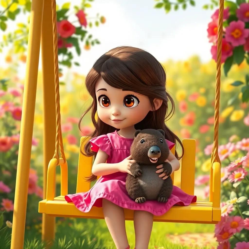 Lili, a young girl with long brown hair in a bright pink dress, sitting on a yellow swing in a sunny flower garden, looking thoughtful as she grips her stuffed capybara tightly, whimsical style, warm colors, friendly and inviting, vibrant scene