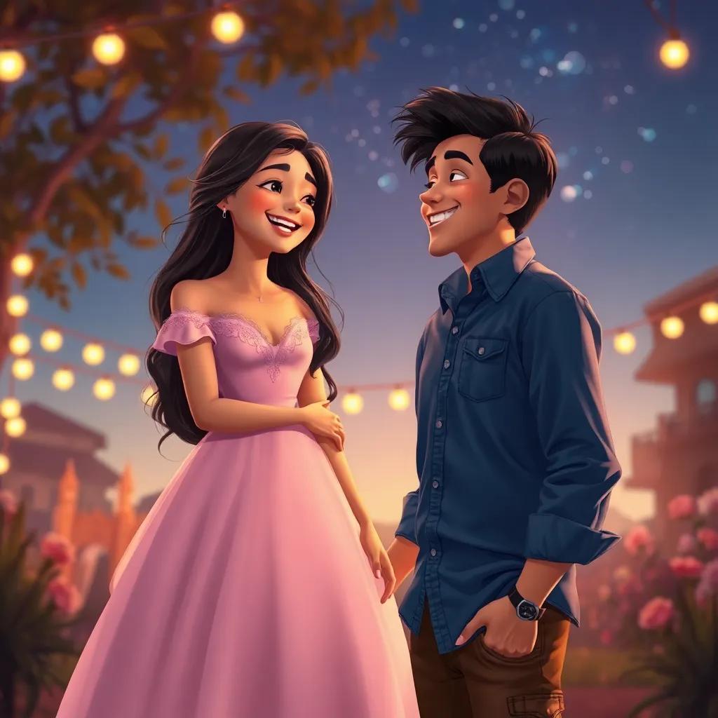 Liliana, a young Latina girl with long, dark hair in a beautiful dress, laughing with Víctor, a young Latino boy with dark hair in a stylish shirt, in a romantic outdoor setting under the stars, surrounded by soft fairy lights and a warm glow, capturing a moment of connection, detailed digital art, warm colors, beautiful scenery