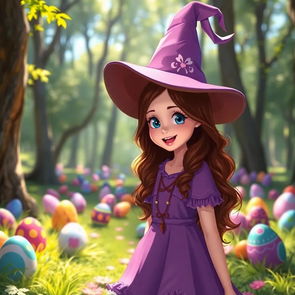 A young witch, Lilly, with long, wavy brown hair, wearing a whimsical purple dress and a pointy hat, standing in a sunlit forest surrounded by colorful dragon eggs, excited expression, digital art, vibrant colors, enchanting atmosphere, high quality