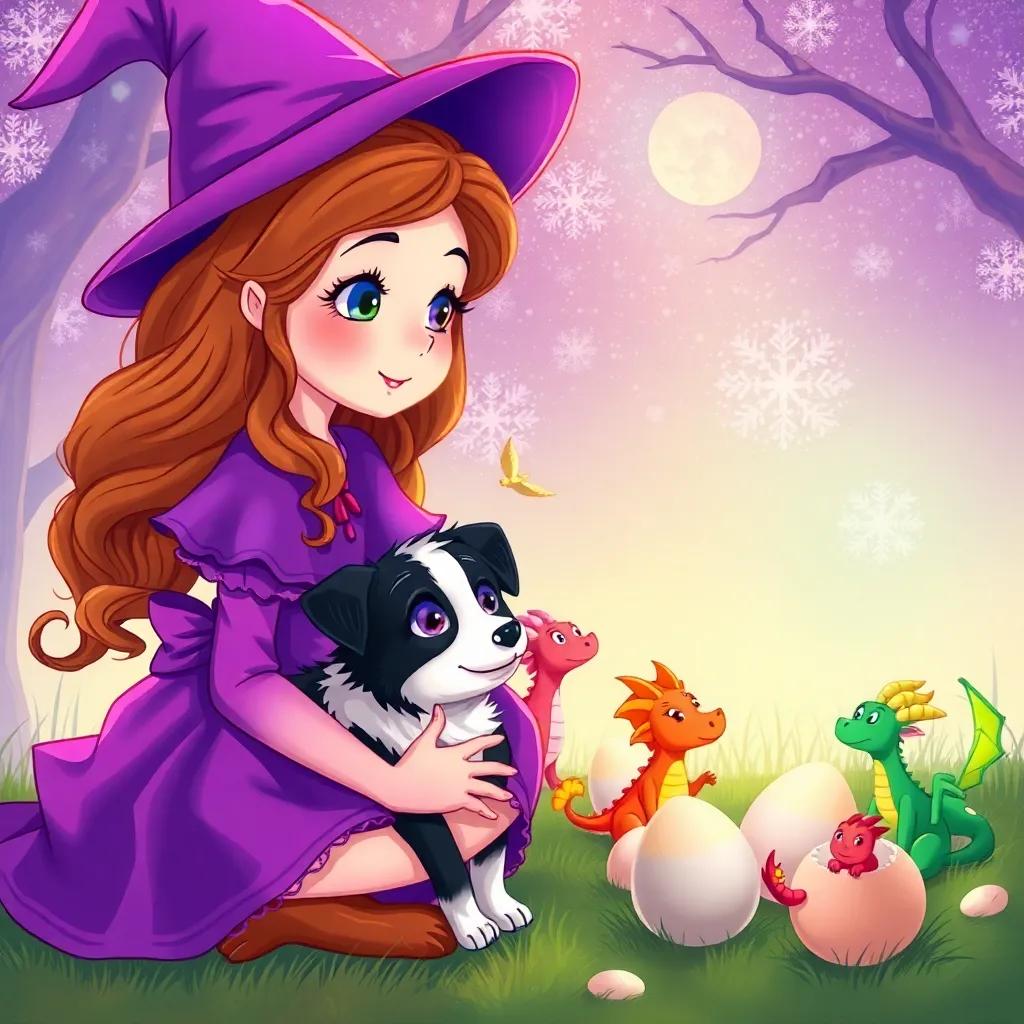 A young witch, Lilly, with long, wavy brown hair, wearing a whimsical purple dress and a pointy hat, with her Border Collie Jinx, watching as tiny colorful dragons hatch from eggs, cheerful scene, magical aura, bright colors, child-friendly illustration