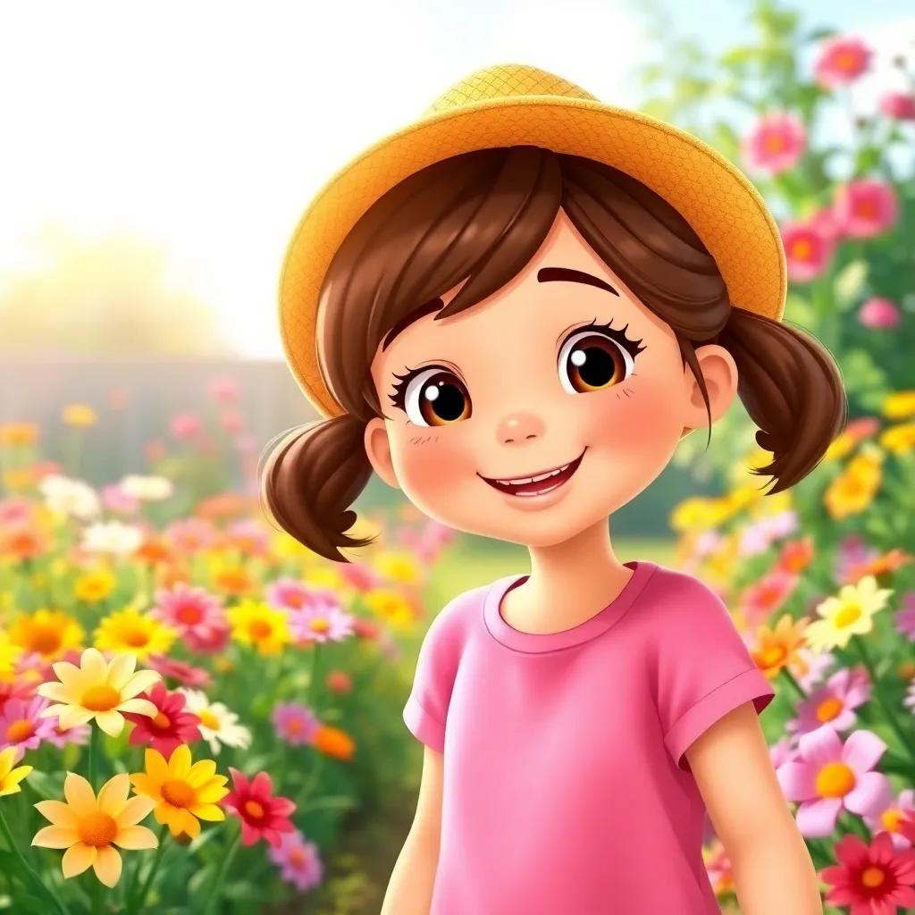 A cheerful girl, Lily, with brown hair in pigtails, wearing a yellow sun hat and a pink t-shirt, playing in a vibrant garden filled with colorful flowers, bright sunlight, cheerful atmosphere, child-friendly, digital art