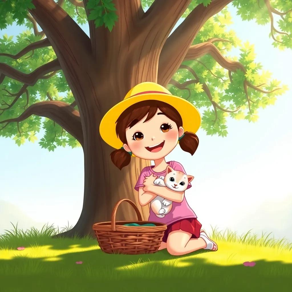 A happy girl, Lily, with brown hair in pigtails, wearing a yellow sun hat and a pink t-shirt, kneeling beside a small basket under a big oak tree, cradling a fluffy kitten in her arms, sunlight streaming through the leaves, heartwarming scene, cheerful colors, illustration