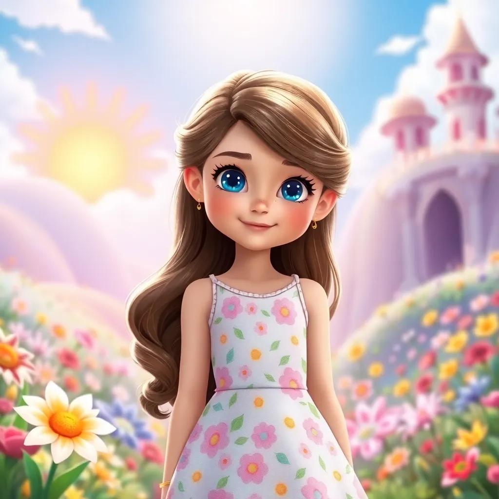 A young girl named Lily with bright blue eyes and long, wavy brown hair wearing a flower-patterned dress, standing in a beautiful kingdom with colorful flowers and a shining sun, digital art, vibrant colors, cheerful atmosphere, high quality