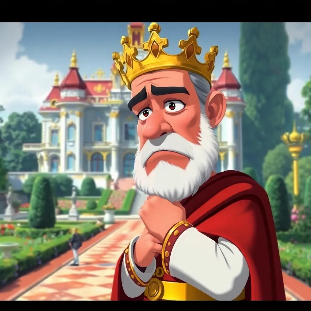 A worried king with a deep frown, walking in front of a grand palace with a lush garden, holding his chin in thought, digital painting, royal details, bright colors, contemplative mood, high quality