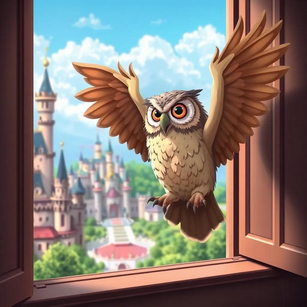 A wise old owl perched on a palace window sill, flapping its wings with excitement, overlooking a beautiful kingdom in the background, illustration, detailed, colorful scenery, whimsical feel, high quality