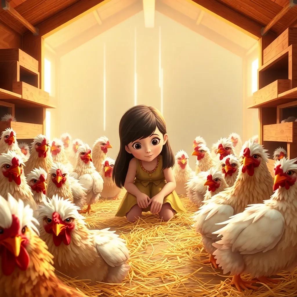 A young girl, Lily, kneeling down in a henhouse surrounded by sad hens with ruffled feathers, full of bright hay and wooden nesting boxes, digital art, warm colors, friendly atmosphere, high quality