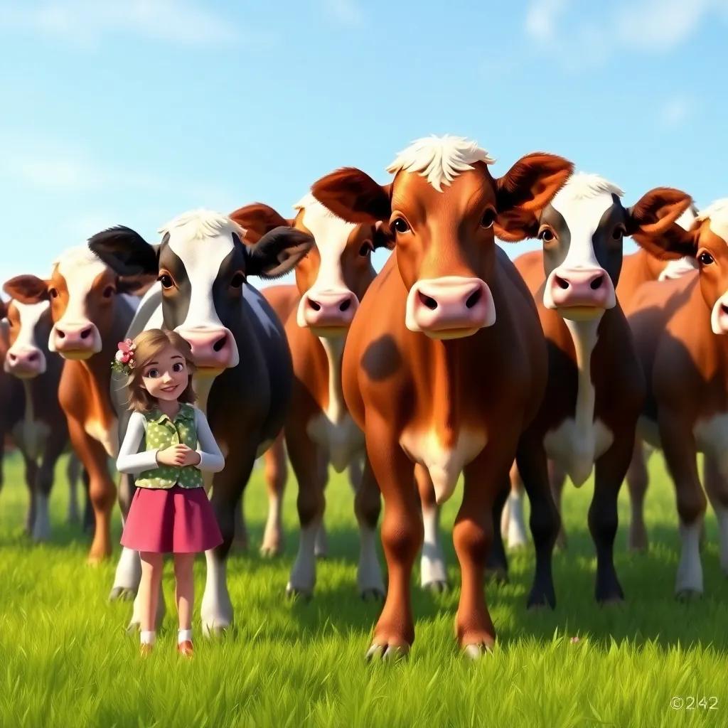 A herd of cows in green pasture, looking weak but hopeful, Lily standing beside them, green grass, and clear blue sky, digital painting, cheerful, uplifting scene, high quality