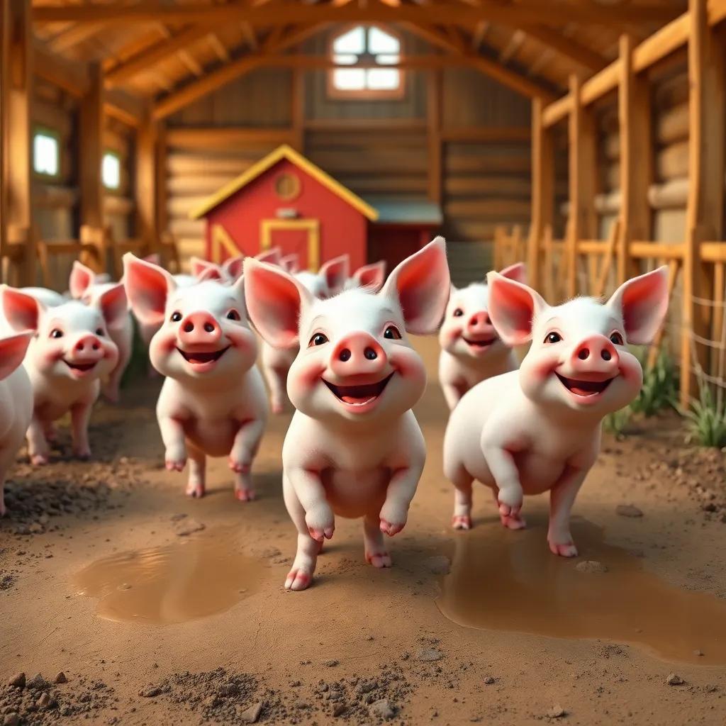 Happy pigs squealing in delight in a spacious pigsty, with Lily looking joyful nearby, muddy puddles, and colorful barns in the background, digital art, warm colors, playful atmosphere, high quality