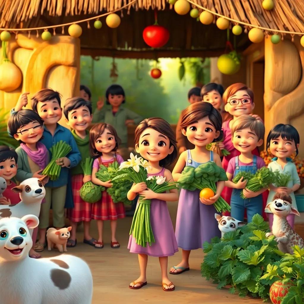 People in the village celebrating with fresh vegetables, smiling children and animals around them, Lily standing proudly in the forefront, digital painting, joyful colors, festive atmosphere, high quality