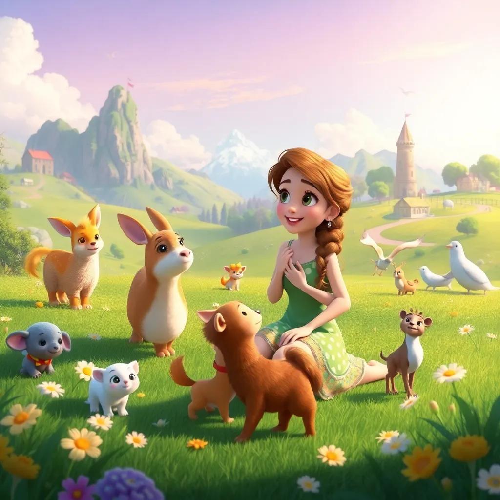 Lily, with a kind heart, talking to animals in a peaceful kingdom scene with beautiful landscapes and happy creatures everywhere, digital art, bright colors, fantasy feel, high quality