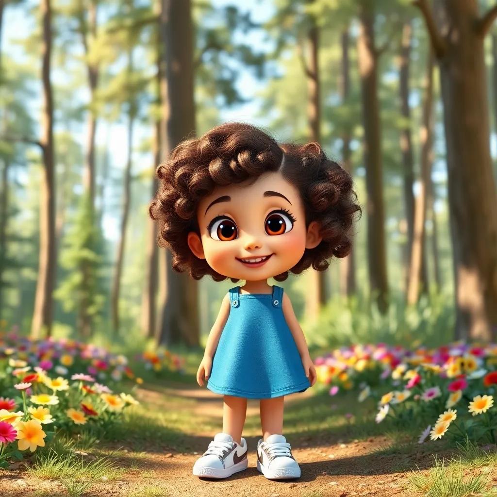 A young girl, Lily, with curly brown hair wearing a blue dress and white sneakers, standing in a sunny forest with tall trees and colorful flowers, smiling with wide eyes, playful and curious, vibrant colors, cheerful atmosphere, digital art, high quality