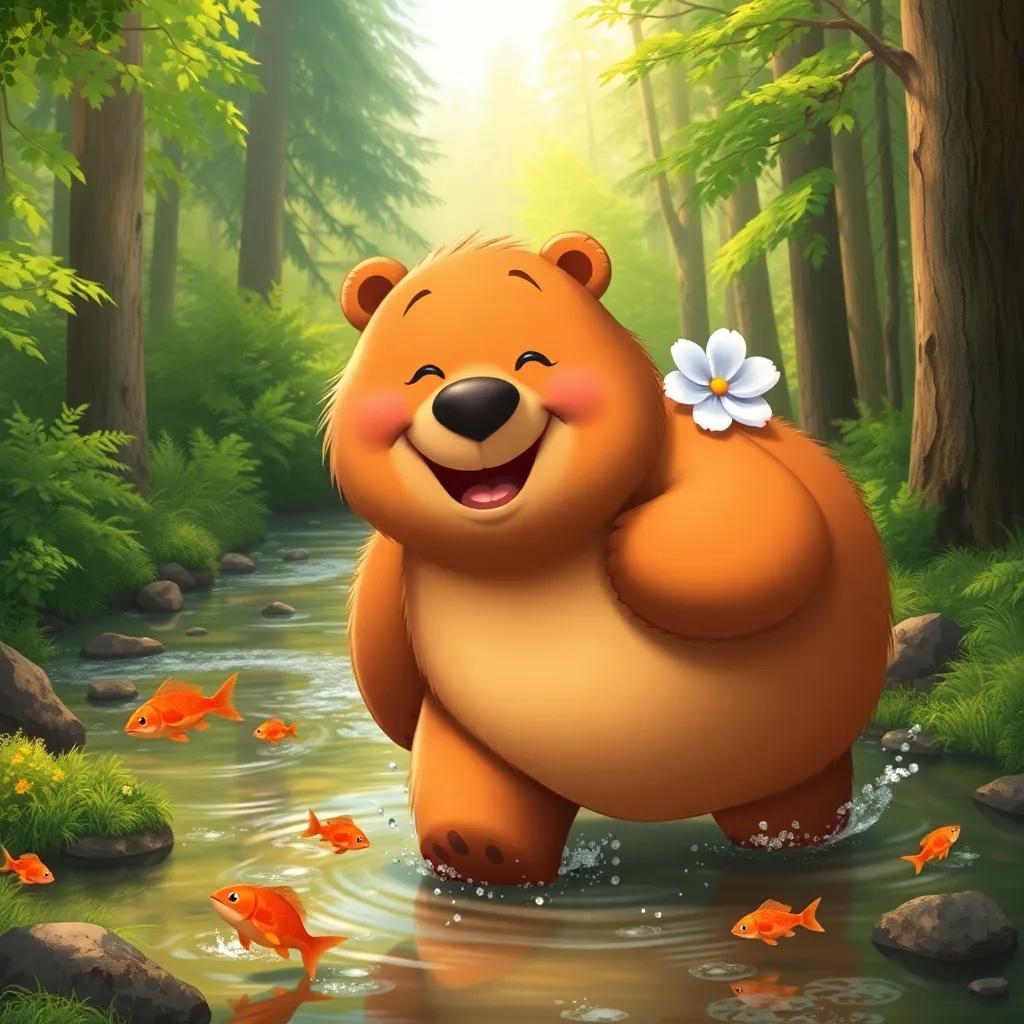 A friendly bear, large with soft brown fur, with Lily on its back, moving through a lush green forest by a sparkling stream, with playful fish jumping in the water, joyful expressions, warm colors, inviting scene, high quality