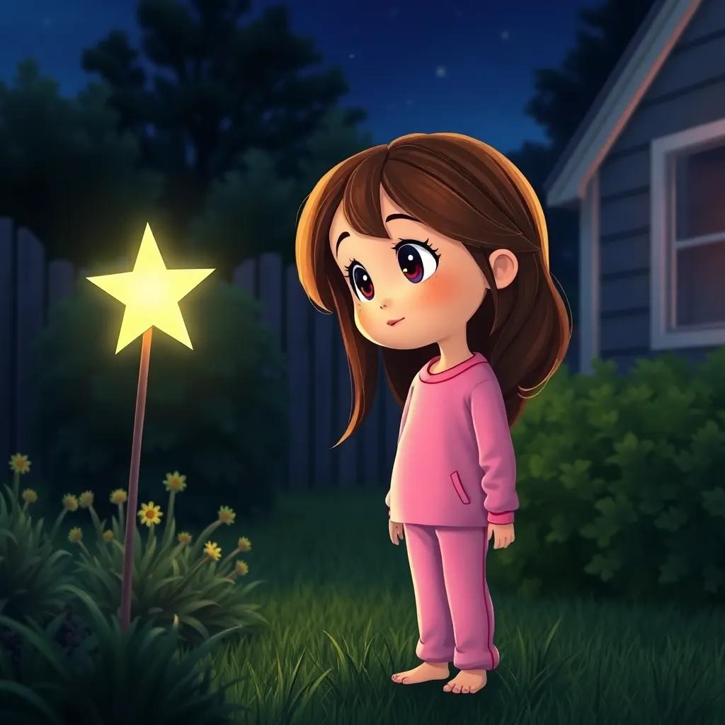 A young girl named Lily, with long brown hair wearing pink pajamas, standing in her backyard at night, gazing at a glowing star near bushes, gentle light from the star illuminating her face, digital art, whimsical, soft colors, enchanting atmosphere, high quality