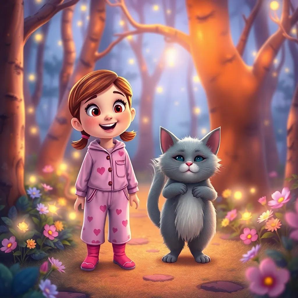 Lily, in her pajamas, along with her fluffy grey cat, Whiskers, both standing in a magical forest filled with glowing trees and flowers, excitement and determination on their faces as they prepare to help the fallen star, digital illustration, vibrant colors, dreamy and adventurous, high quality