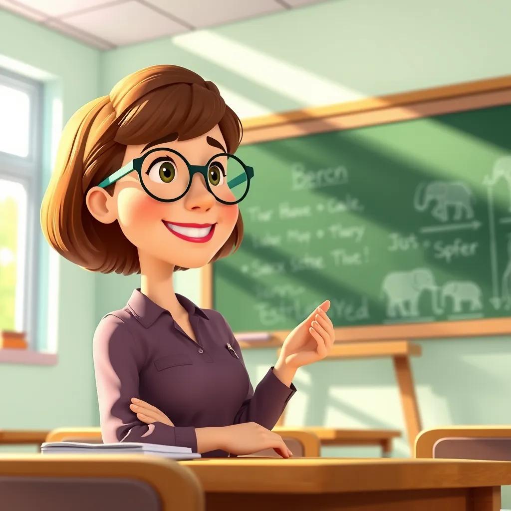 A sunny classroom scene with Mrs. Green, a warm-hearted teacher with short brown hair and glasses, explaining about elephants on a blackboard, illustrations showing elephants, light shining in through the windows, bright and lively
