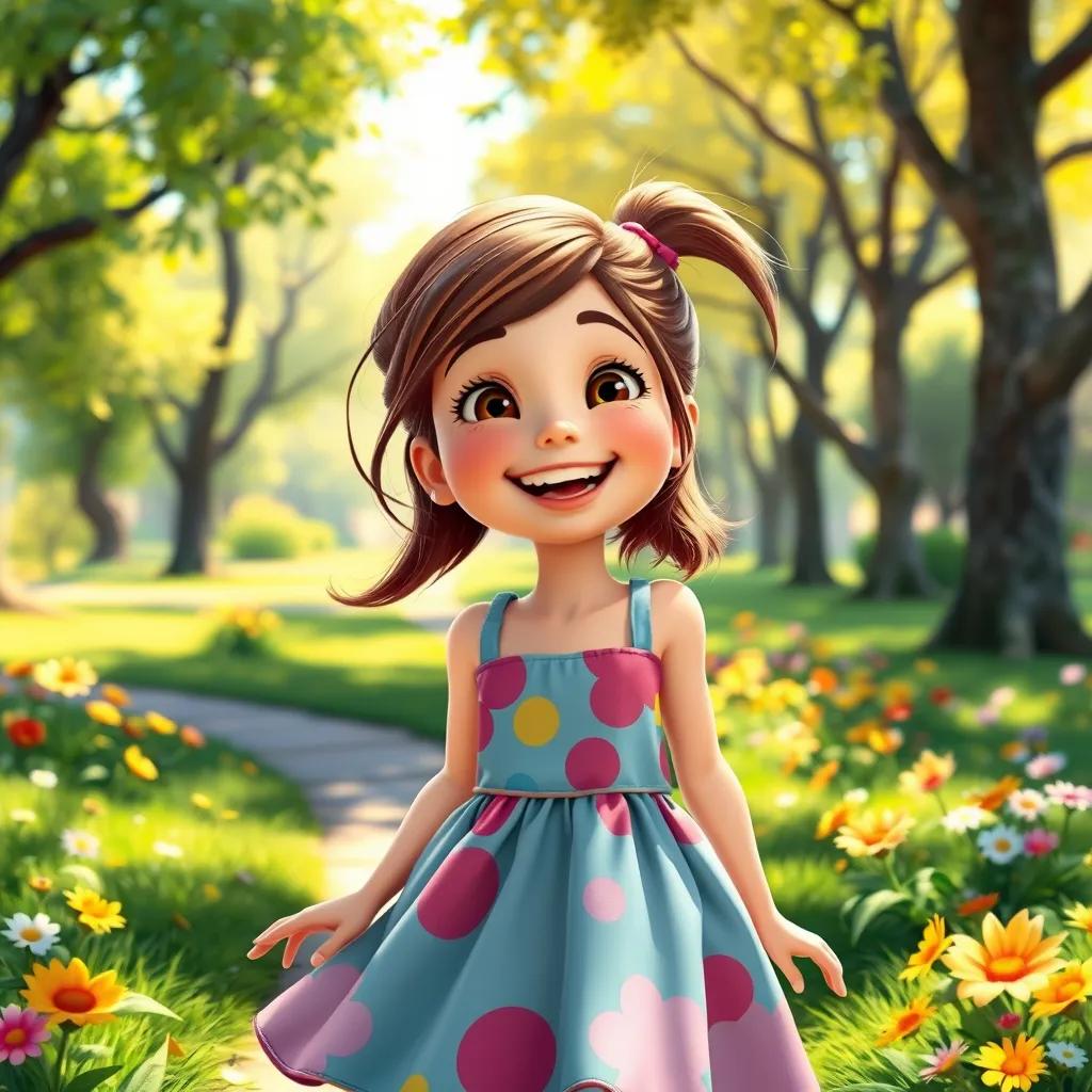 A cheerful girl, Lily, with brown hair in a ponytail, wearing a colorful dress, playing in a sunny park, surrounded by trees and flowers, joyful atmosphere, digital art, bright colors, cheerful perspective, high quality
