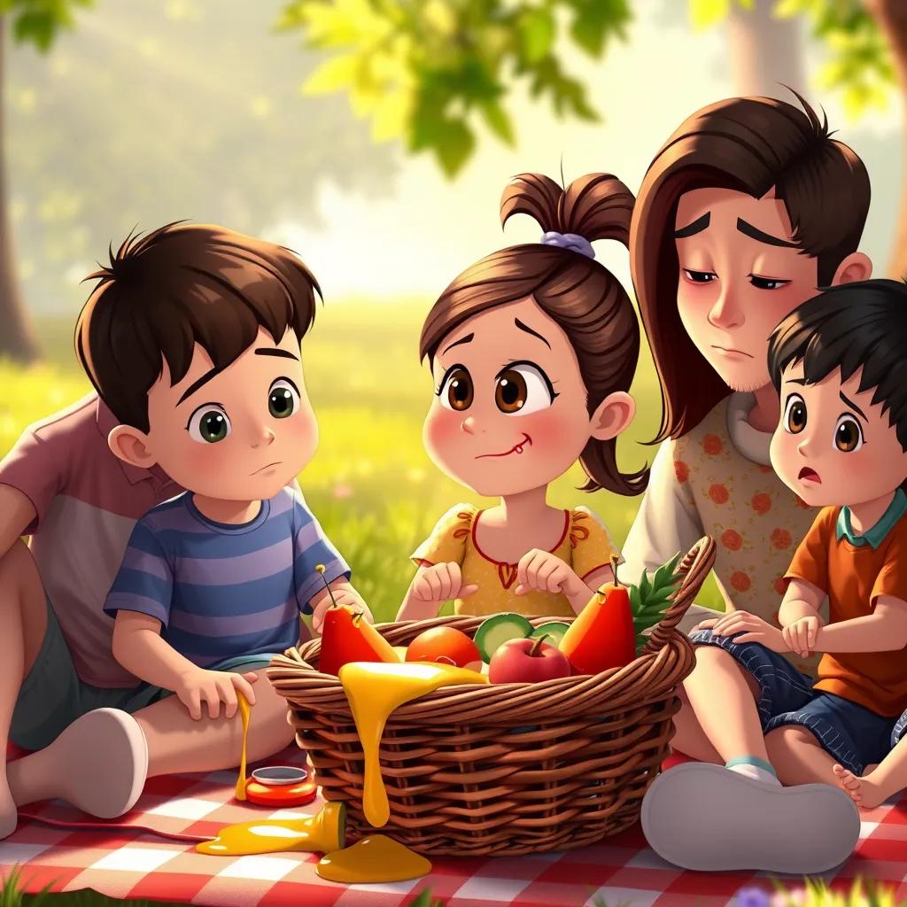 Lily, a cheerful girl, with brown hair in a ponytail, sitting with her family on a picnic blanket with a basket full of food, little brother spilling juice, concerned expressions on their faces, warm lighting, family gathering scene, vibrant colors, inviting atmosphere