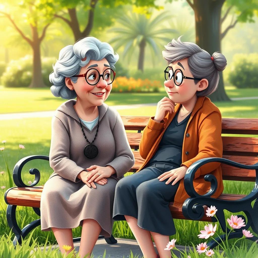 A wise old lady, with gray hair and glasses, sitting on a park bench, talking to Lily, who looks thoughtful, surrounded by a beautiful park with green grass and flowers, warm light, thoughtful moment, beautiful composition, watercolor style