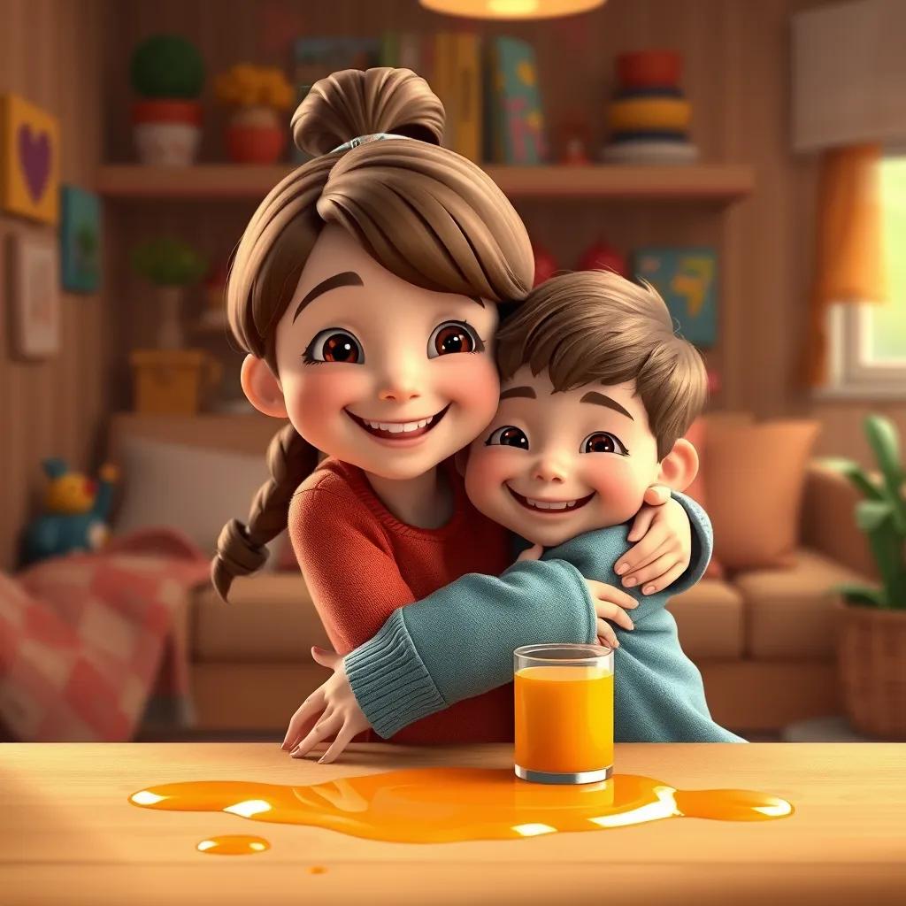 Lily, a cheerful girl, with brown hair in a ponytail, hugging her little brother, both smiling, after cleaning up the juice spill, cozy home setting with colorful decorations, warm and happy atmosphere, heartwarming moment, bright colors