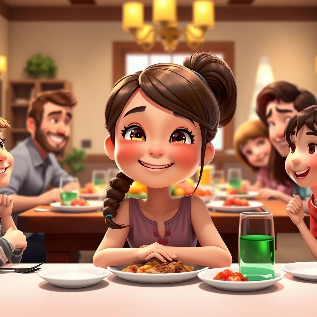 Lily, a cheerful girl, with brown hair in a ponytail, happily saying 'please' and 'thank you' at the dinner table with her family, everyone smiling and enjoying their meal, cozy dining room with bright lighting, inviting atmosphere, uplifting mood