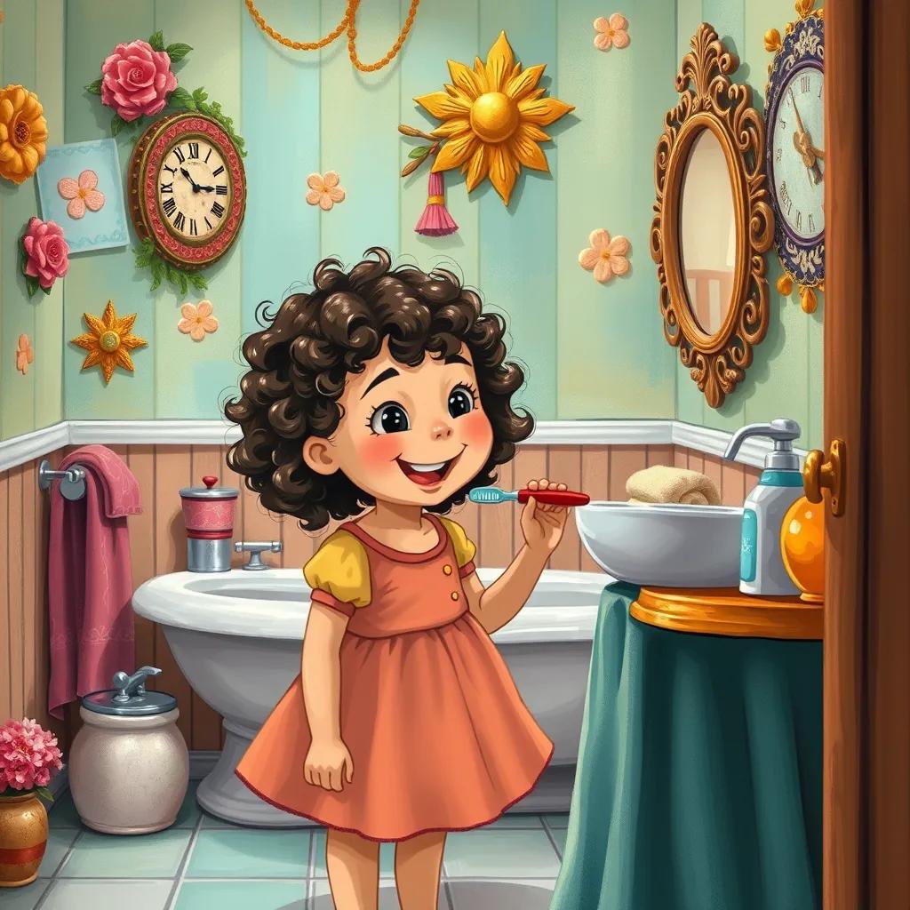 Lily, a cheerful little girl with curly hair, asking her mom to learn brushing her teeth, standing in a colorful bathroom filled with fun decorations, illustration, inviting, warm colors, child-friendly