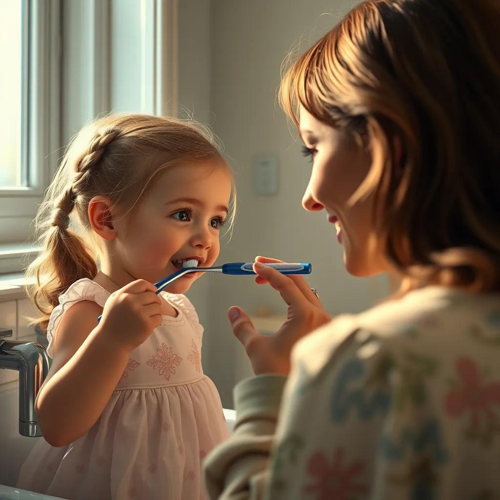 A close-up of Lily watching her mom demonstrating how to brush teeth in circles, with her mom gently guiding her in a bright bathroom, digital art, engaging, educational scene, warm light