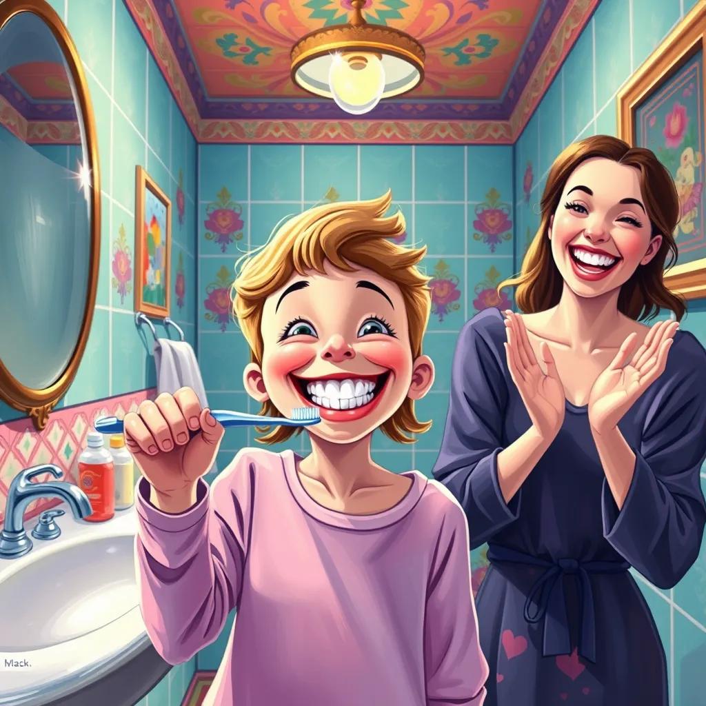 Lily happily brushing her teeth with a big smile, showing shiny teeth in a colorful bathroom, while her mom claps with joy, illustration, vibrant, heartwarming, uplifting imagery