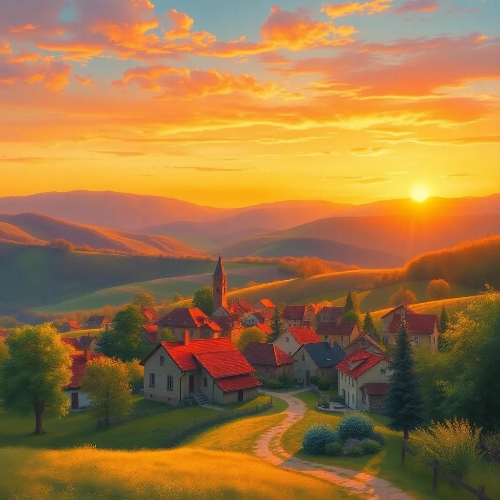 A small village in a serene landscape with rolling hills at sunset, vibrant colors, warm light, peaceful atmosphere, focus on village houses and nature, high quality
