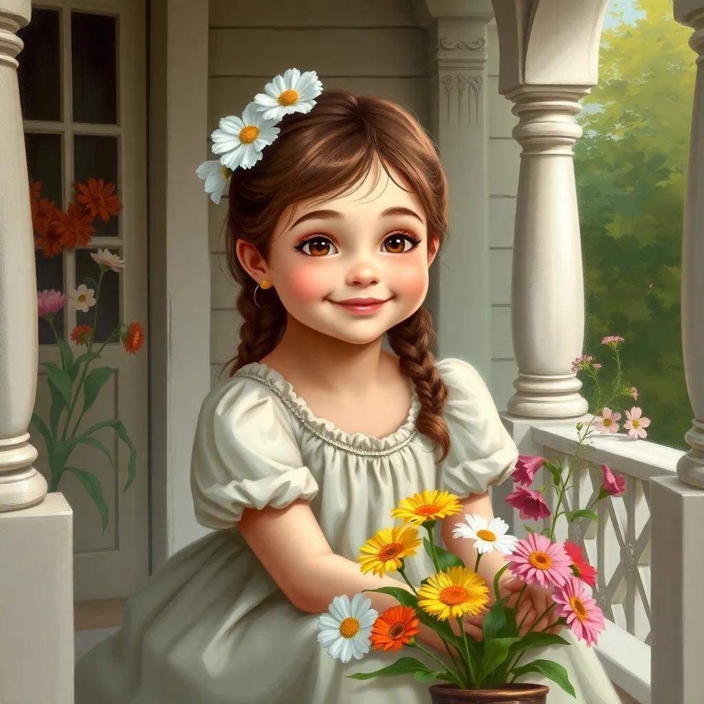 A young blind girl named Lily, with gentle features and a warm smile, sitting on her porch with a small flower garden around her, digital art, cheerful, inviting, high quality