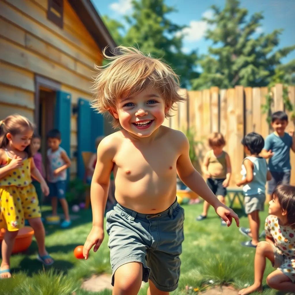 A lively young boy named Ben, with tousled hair and shorts, playing in his backyard, surrounded by friends and playful activities, colorful, bright daylight, joyful atmosphere, high quality